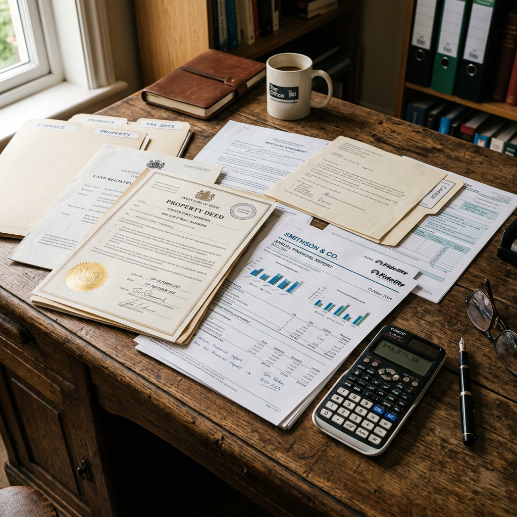 Various financial and property documents spread on a wooden desk with a calculator, pen, glasses, and coffee mug